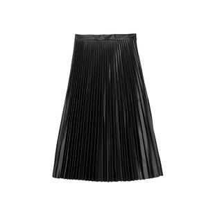 博主同款 CLUB MONACO女装百褶摩登性感哑光半身皮裙