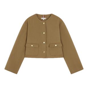 Tommy秋冬女羊毛混纺商务休闲通勤短款金扣圆领开衫外套节日礼物