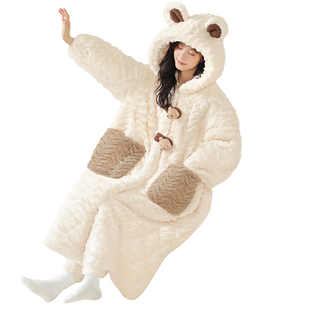 珊瑚绒睡衣冬季女睡袍加绒加厚三层夹棉女士甜美可外穿家居服套装