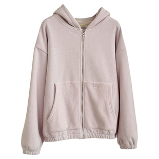 现货!粉色摇粒绒卫衣2026韩国smooth*ood立体字母刺绣连帽外套女