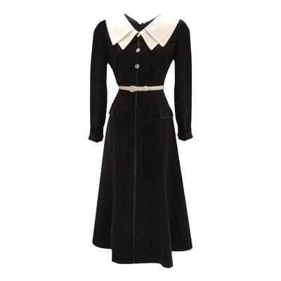 时尚A字裙拼色双层领收腰气质