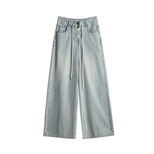 SIXI四喜家春夏 松弛步调设计感绑带阔腿牛仔裤女宽松休闲拖地裤