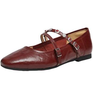 百丽复古羊皮红色玛丽珍鞋女2026春季新款平底浅口单鞋子F2B1DAQ6