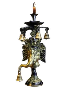 尼泊尔手工象鼻财神黄铜烛台摆件