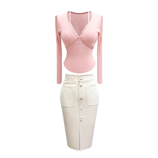 THE SWAN司凰轻奢 姐姐氛围系 针织拼接蕾丝上衣+小羊皮半身裙女