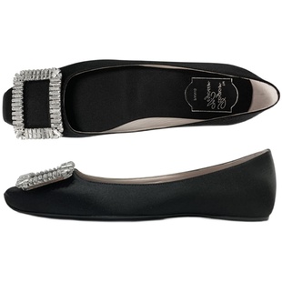 RV水钻方扣单鞋2025新款女鞋春季婚鞋浅口方头舒适平底绸缎新娘