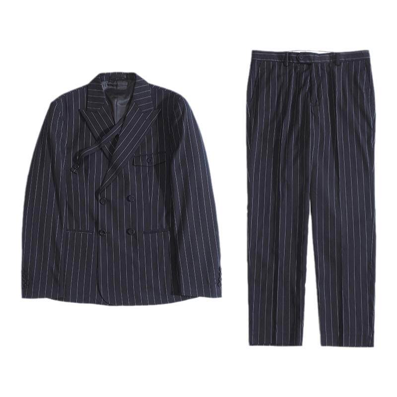 川泽男士修身条纹双排扣西服套装