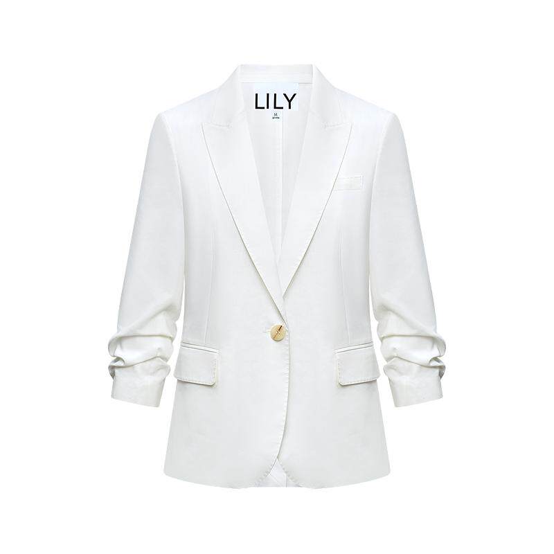 ~LILY2026夏新款女装莱赛尔亚麻老钱收腰气质通勤浅色西装外套