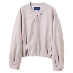 三彩2026春季新款PU皮衣外套圆领夹克开衫短款宽松休闲M