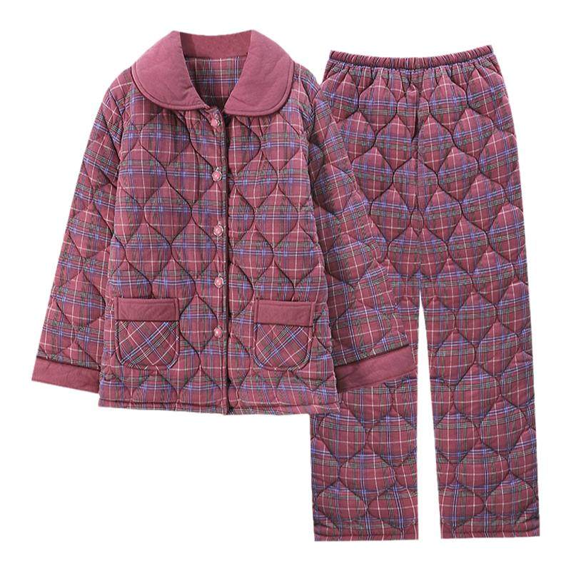 冬季妈妈睡衣女纯棉加厚三层夹棉袄秋冬天加棉保暖全棉家居服套装