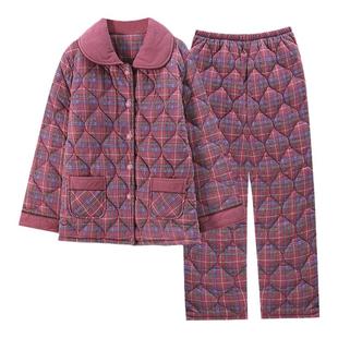 冬季妈妈睡衣女纯棉加厚三层夹棉袄秋冬天加棉保暖全棉家居服套装