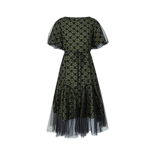 sdeer圣迪奥夏装女碎花连衣裙圆领收腰网纱泡泡袖裙子S223Z1278