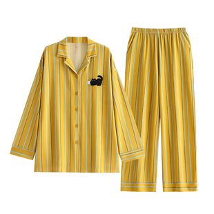 家乐芬睡衣女士春秋季纯棉长袖家居服小黑猫印花条纹时尚开衫套装