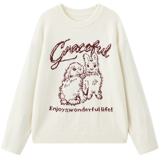 乐町兔子宽松圆领毛针织衫女25冬季新款白色上衣新年内搭厚款毛衣