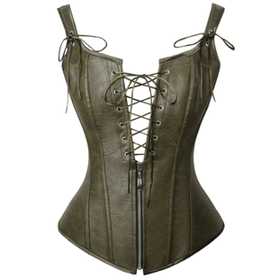 欧美复古绿仿皮系带塑身胸衣 中世纪宫廷马甲紧身衣肩带束腰cos女