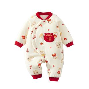 婴儿衣服秋冬夹棉连体衣冬季加厚宝宝保暖冬装红色喜庆外出穿棉服