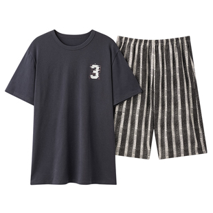 男士睡衣夏季短袖短裤简约宽松夏天舒适棉男式青少年家居服加大码