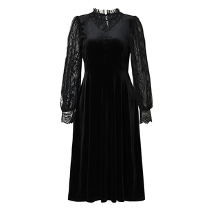 海青蓝 秋冬蕾丝连衣裙女2025年新款时尚气质长袖女装中长款裙子