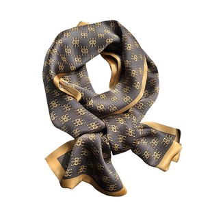 100%桑蚕丝真丝素绉缎蓝棕马鞍15*145斜角围巾女春夏季长飘带丝巾