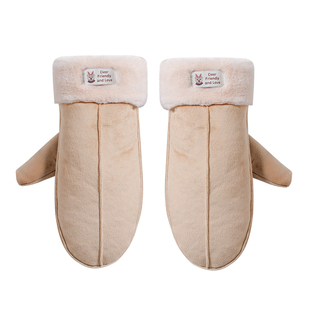 手套女冬天加绒可爱韩版卡通麂皮绒保暖加厚连指挂脖手套学生质感