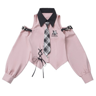 pinksavior【星辰闪耀】露肩粉黑早秋衬衫半裙设计感显瘦套装