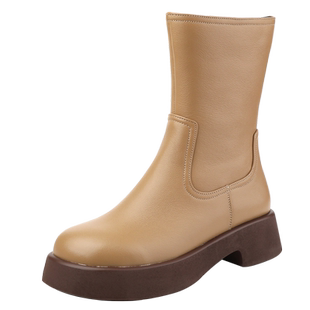 时尚真皮中筒靴秋冬百搭松糕厚底瘦瘦马丁靴舒适圆头切尔西靴大码