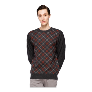 圣雪绒2018秋冬新款纯羊绒衫男圆领苏格兰格纹提花加厚针织套衫