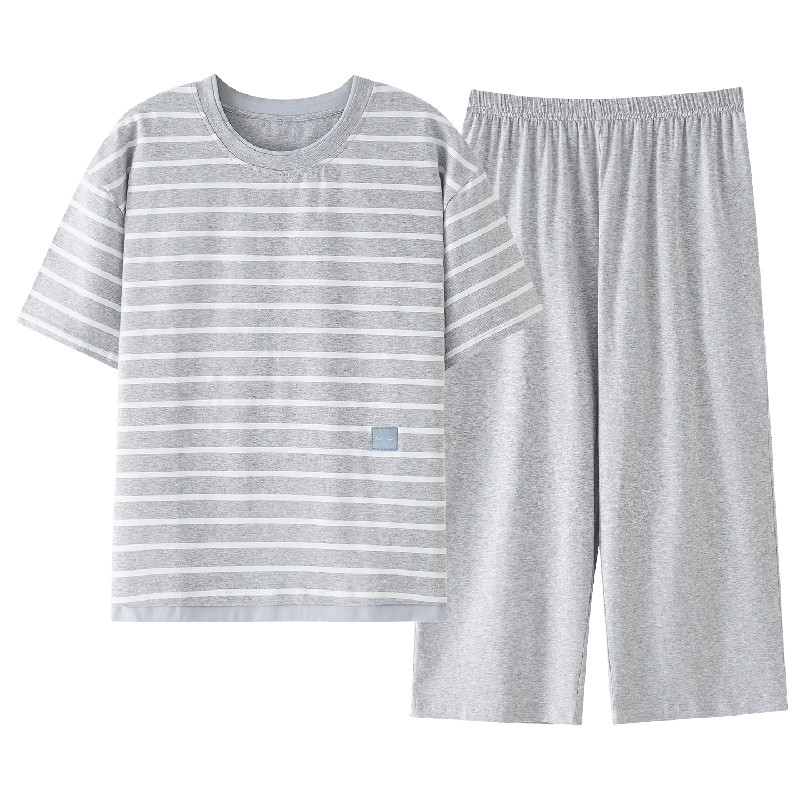 带胸垫睡衣女条纹夏季莱卡棉短袖七分裤可外穿运动休闲家居服套装