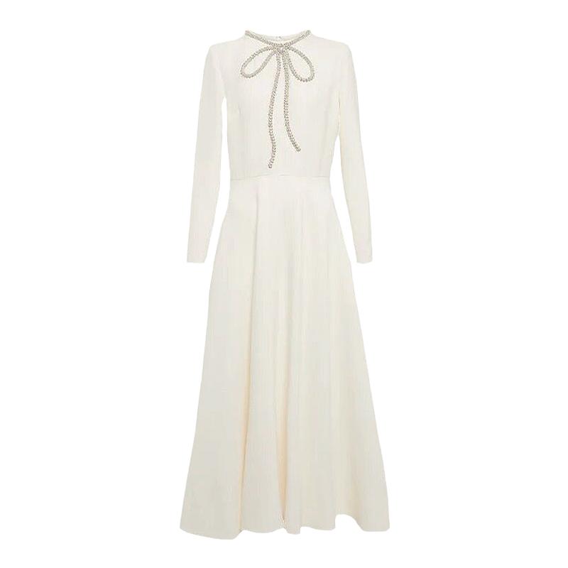 杨紫同款中式圆领白色连衣裙女23年新款轻熟风收腰蝴蝶结烫钻长裙