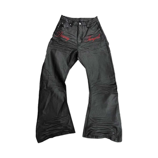 DETW 25AW*刷蜡立体压褶涂层14盎司造型感叠堆视觉高级微喇牛仔裤