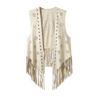 波西米亚镂空流苏麂皮绒马甲女夏季高级感无袖外搭坎肩中长款背心