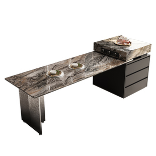 天然奢石岛台餐桌一体威尼斯棕家用饭桌意式轻奢别墅客厅设计师款