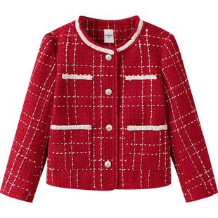 巴拉巴拉童装儿童外套女童春装2025新款圆领新年红上衣红色拜年服