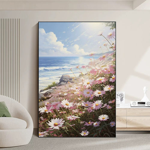 海边花海客厅背景墙装饰画北欧风玄关海景花卉挂画卧室轻奢落地画