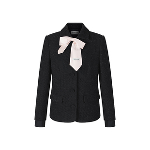 HERLIAN 2025年春季新品带蝴蝶结领带装饰粗花呢外套