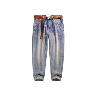 美式复古重磅水洗蓝磨白牛仔裤男春夏潮流爆款ins痞帅长裤送腰带
