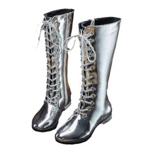 儿童走秀平底马丁靴银色亮漆皮女童高筒靴平跟时装模特舞台表演鞋