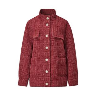 颜域优雅小香风外套女士2025新款冬季安可拉红色气质翻领毛呢大衣