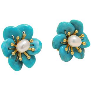 龙丰绿松轩S925银珠宝耳钉正品天然绿松石籽料珍珠花朵镶嵌女耳饰
