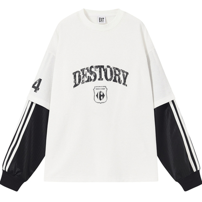 EXITMODE BY BLINDNOPLAN 25AW假两件斑驳印花美式拼接长袖T恤