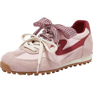 百思图2026夏新款真皮厚底红色德训鞋蝴蝶结运动女休闲鞋A3901BM6