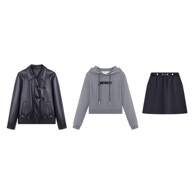 乔拉连帽卫衣PU皮外套裙子套装女