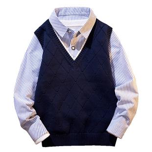 男童毛衣套头中大童2026新款秋装春秋款儿童马甲衬衫领假两件男孩