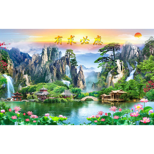 仙堂有求必应山水风景画油画风格背景墙纸流水生财荷花佛道仙壁纸