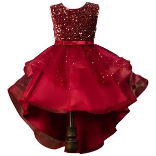 sesameclub儿童礼服公主裙女童蓬蓬纱高端红色前短后长花童演出服