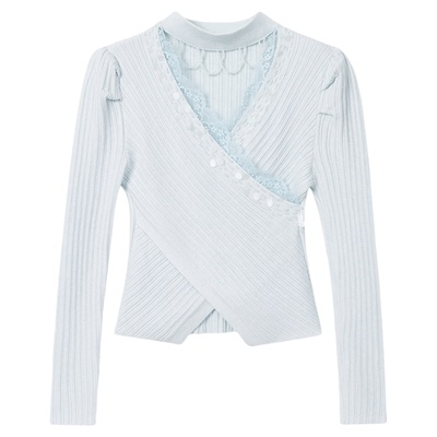 AZZHEN【一见倾心】法式气质交叉V领挂脖针织衫蕾丝花边拼接打底