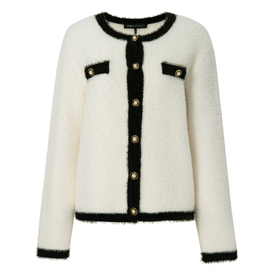 BCBG秋冬女装时尚流行简约柔软水貂毛撞色边小香风针织外套上衣