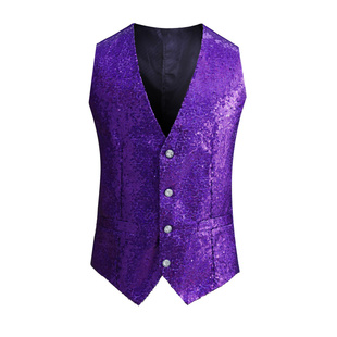 舞台演出闪亮片马甲宝蓝大红金银紫色歌手舞蹈表演服男装坎肩背心