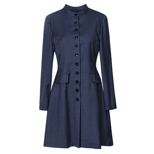 罗衣职场面试正式单排扣长袖连衣裙女春高级通勤深蓝色A字裙13249