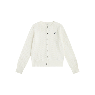 LINHOUSE复古藏蓝麻花刺绣圆领针织开衫通勤白色百搭深灰色上衣女